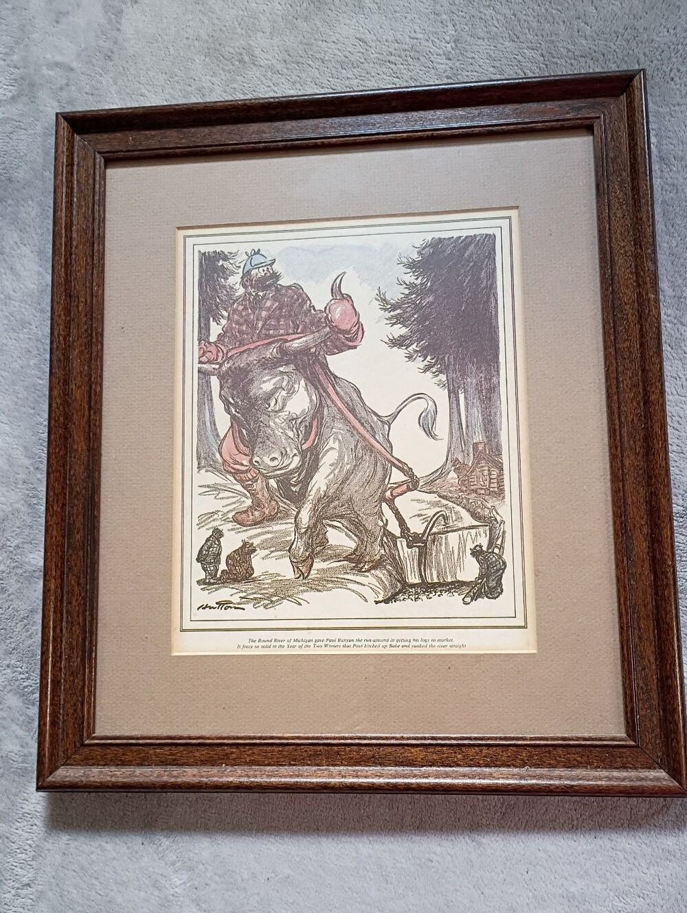 Vintage Framed Matted Paul Bunyon Print W/Babe The Ox Hutton